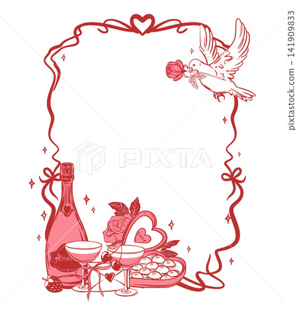 Valentine's Day vertical frame. Vector wedding template with a white dove. Romantic evening with a bottle of champagne. Chocolate, glasses of wine, love letter and rose. Ink sketch. Valentine's Day vertical frame. Vector wedding template with a white dove. Romantic evening with a bottle of champagne. Chocolate, glasses of wine, love letter and rose. Ink sketch. 141909833