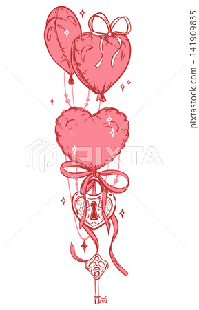 A lock and key hang from pink and red heart shaped balloons. Valentine's Day vector images, love designs, greeting cards , and romantic decorations. Minimalistic style. Floating helium balloon. A lock and key hang from pink and red heart shaped balloons. Valentine's Day vector images, love designs, greeting cards , and romantic decorations. Minimalistic style. Floating helium balloon. 141909835