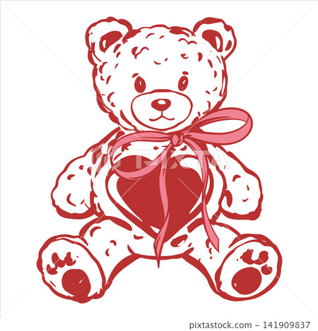 Vector teddy bear with a heart and bow. Soft plush toy in a simple line style. Concept for a birthday or Valentine's Day gift. Linear illustration in a Coquette style. Retro ink sketch. Vector teddy bear with a heart and bow. Soft plush toy in a simple line style. Concept for a birthday or Valentine's Day gift. Linear illustration in a Coquette style. Retro ink sketch. 141909837