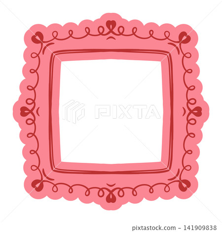 A square frame with a playful bow of pink ribbon and lace. Vector illustration in a Coquette style. A bright, girlish decoration for an invitation or card. A striking, simple illustration. A square frame with a playful bow of pink ribbon and lace. Vector illustration in a Coquette style. A bright, girlish decoration for an invitation or card. A striking, simple illustration. 141909838