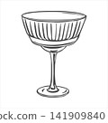 Minimalist vector illustration of classic cocktail glass with a fluted bowl and elegant stem, rendered in clean black lines. Perfect for menus, bar promotions, event invitations. Sketch of wine glass. 141909840