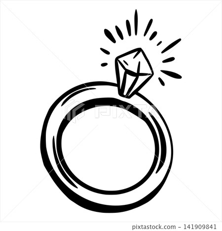 Vector image of a wedding ring with a sparkling diamond. A symbol of eternal love and partnership. Minimalistic clip art for wedding materials, greeting cards, and engagements. Line art. Vector image of a wedding ring with a sparkling diamond. A symbol of eternal love and partnership. Minimalistic clip art for wedding materials, greeting cards, and engagements. Line art. 141909841