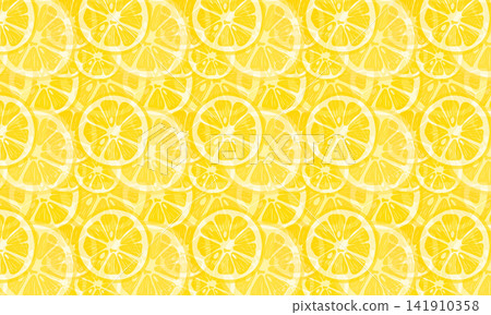 Seamless Pattern of Fresh Yellow Lemon Slices, Vibrant Citrus Fruit Overlay Background, 141910358