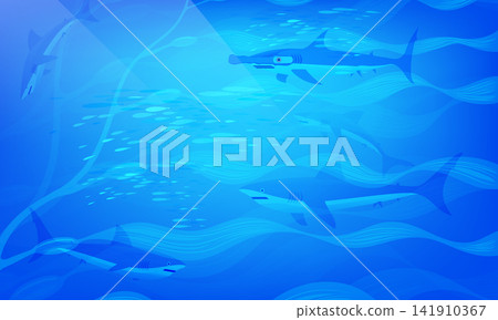 Deep Blue Ocean Background with Sharks Swimming,Underwater Marine Life and Hammerhead Shark in Light Rays, Vector Illustration Deep Blue Ocean Background with Sharks Swimming,Underwater Marine Life and Hammerhead Shark in Light Rays, Vector Illustration 141910367