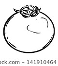 Tomato drawn in a hand drawn sketch style. Lines doodle and a stylized tomato. Black and white vector image of tomato. Clipart for coloring pages, product label and kitchen themed designs. 141910464