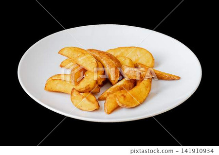 Potato wedges on white plate with transparent background Potato wedges on white plate with transparent background 141910934