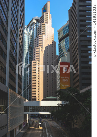 Hong Kong Aug 7 2026 Street view corporate skyscrapers. Hong Kong Aug 7 2026 Street view corporate skyscrapers. 141911038