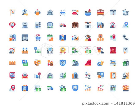 real estate, housing, and architecture vector icon set design flat style. perfect use for logo, presentation, website, and more. simple modern icon set design color style real estate, housing, and architecture vector icon set design flat style. perfect use for logo, presentation, website, and more. simple modern icon set design color style 141911309