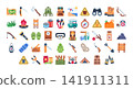 Adventure icon set featuring camping tools, hiking equipment, wilderness exploration, and outdoor survival elements in colorful flat style. Great for tourism, travel apps and nature projects 141911311