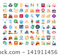 Jewelry icon set featuring rings, necklaces, gemstones, crowns, gold, diamonds, luxury accessories, and jewelry business elements in colorful flat style. Ideal for stores, branding and luxury project 141911456