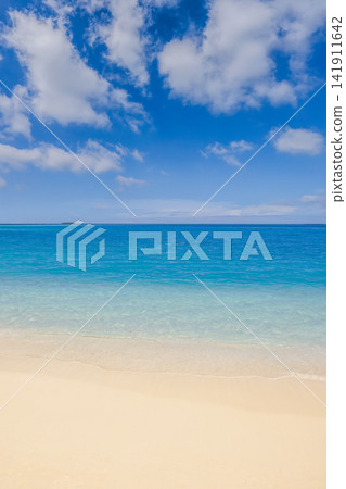 Idyllic bright azure shallows powdery shore wispy clouds blue sky tropical island paradise coast. Summer travel vacation landscape scenic. Exotic getaway wallpaper backdrop Idyllic bright azure shallows powdery shore wispy clouds blue sky tropical island paradise coast. Summer travel vacation landscape scenic. Exotic getaway wallpaper backdrop 141911642