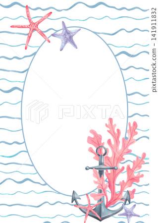 Vertical nautical watercolor frame featuring anchor, seaweed, starfish, and wavy pattern. Hand drawn card design with space for text. For cards, invitations and nautical designs. Template for message. Vertical nautical watercolor frame featuring anchor, seaweed, starfish, and wavy pattern. Hand drawn card design with space for text. For cards, invitations and nautical designs. Template for message. 141911832