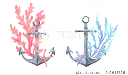 Composition with anchor, starfish and seaweed. Watercolor illustrations. Hand drawn, isolated with images of equipment and animals. Suitable for seascapes, navigation and summer design, invitation. 141911836