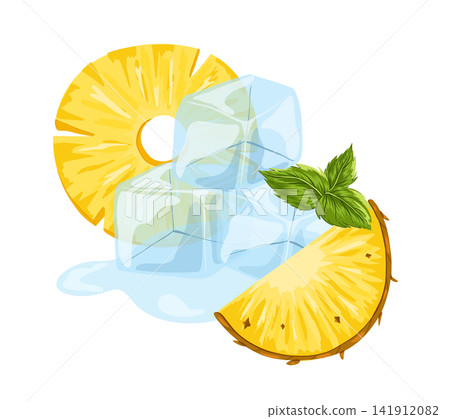 Ice cubes with pineapple slices. Ice crystal cubes, ananas, mint. Cartoon hand drawn vector illustration. Transparent freeze water for alcohol and beverage for cooling. Ice cubes with pineapple slices. Ice crystal cubes, ananas, mint. Cartoon hand drawn vector illustration. Transparent freeze water for alcohol and beverage for cooling. 141912082