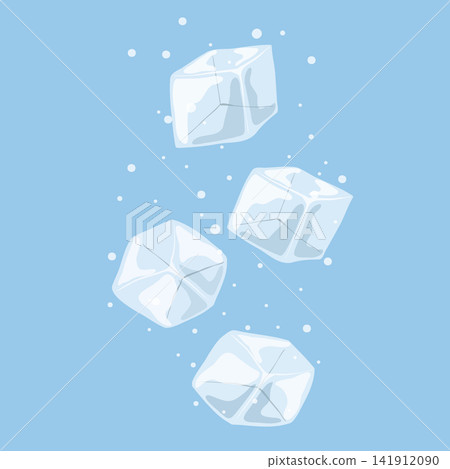 Ice cubes dropping. Ice crystal cubes with water bubbles. Mineral water. Cartoon hand drawn vector illustration. Transparent freeze water for cocktail, beverage, lemonade for cooling. 141912090