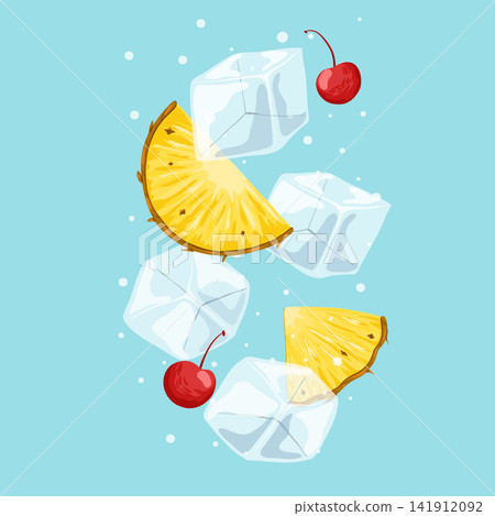Ice cubes floating with pineapple slices and cherry. Ice crystal cubes dropping in mineral water. Cartoon hand drawn vector illustration. Transparent freeze water for cocktails, beverage for cooling. Ice cubes floating with pineapple slices and cherry. Ice crystal cubes dropping in mineral water. Cartoon hand drawn vector illustration. Transparent freeze water for cocktails, beverage for cooling. 141912092