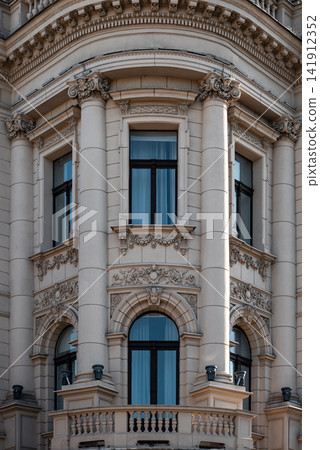 facade of European ancient building, exterior of old hotel in Lublin, Poland 141912352
