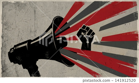 Revolutionary megaphone design featuring raised fist symbolism and bold geometric retro style radial sunburst graphic with stylized megaphone projecting 141912520