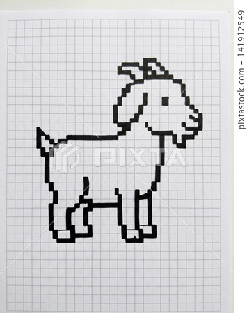 Black and white pixel art goat illustration drawn on square grid paper sheet surface view with outline created thick hand drawn gamification Black and white pixel art goat illustration drawn on square grid paper sheet surface view with outline created thick hand drawn gamification 141912549