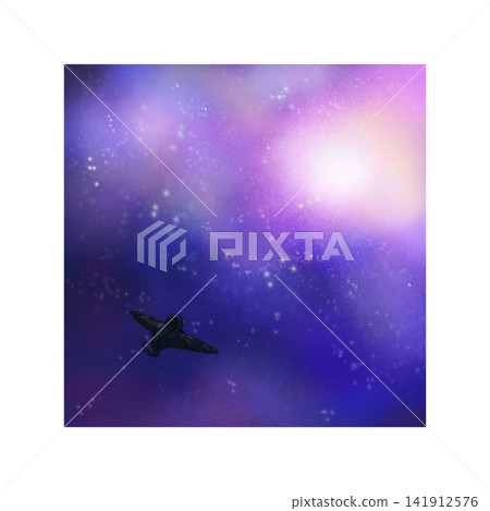A bird flying into purple universe star background illustration A bird flying into purple universe star background illustration 141912576