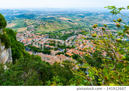 Republic of San Marino top view on tiled roofs Republic of San Marino top view on tiled roofs 141912687