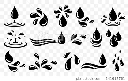 Black splash icons, water falling drops and droplets, oil bubble and wave effect bundle Black splash icons, water falling drops and droplets, oil bubble and wave effect bundle 141912761