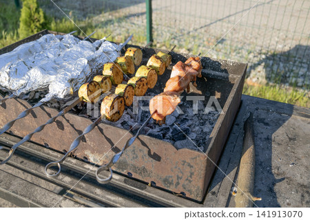 Delicious shish kebab and zucchini grilling on skewers over hot coals in a backyard grill. Meat and vegetables cooking outdoors during a sunny weekend picnic, preparing a tasty meal for family and Delicious shish kebab and zucchini grilling on skewers over hot coals in a backyard grill. Meat and vegetables cooking outdoors during a sunny weekend picnic, preparing a tasty meal for family and 141913070
