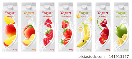 Set of white bottles with yogurt or milkshake. Different fruit flavors. Realistic 3d vector illustration of fruits and berries fillings. Fruits in a milk splash on label bottle isolated on white 141913157