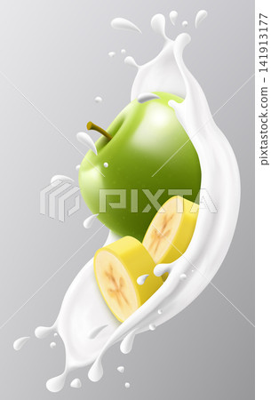 Green apple and banana slices into a creamy milk or yogurt splash with liquid droplets, isolated on a gray background for food design and healthy breakfast concept. Realistic 3d vector illustration Green apple and banana slices into a creamy milk or yogurt splash with liquid droplets, isolated on a gray background for food design and healthy breakfast concept. Realistic 3d vector illustration 141913177