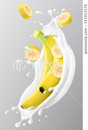 Ripe banana in a milk splash isolated on gray background. Fresh banana dropping into milk or yogurt splash. Milkshake splash with sweet banana. Realistic 3d vector illustration Ripe banana in a milk splash isolated on gray background. Fresh banana dropping into milk or yogurt splash. Milkshake splash with sweet banana. Realistic 3d vector illustration 141913178