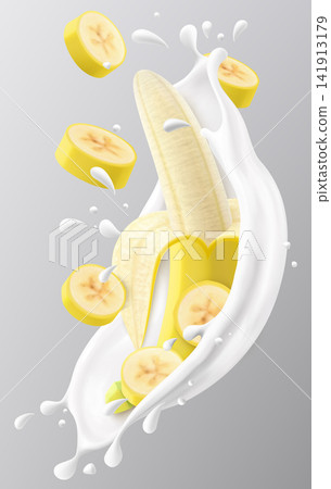 Ripe banana in a milk splash isolated on gray background. Fresh banana dropping into milk or yogurt splash. Milkshake splash with sweet banana. Realistic 3d vector illustration Ripe banana in a milk splash isolated on gray background. Fresh banana dropping into milk or yogurt splash. Milkshake splash with sweet banana. Realistic 3d vector illustration 141913179