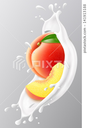Ripe peach in a creamy milk or yogurt splash with liquid droplets, isolated on a gray background for food design and healthy breakfast concept. Realistic 3d vector illustration 141913188
