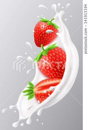 Red strawberry in a milk splash isolated on gray background. Fresh strawberry dropping into milk or yogurt splash. Milkshake splash with ripe strawberry. Realistic 3d vector illustration Red strawberry in a milk splash isolated on gray background. Fresh strawberry dropping into milk or yogurt splash. Milkshake splash with ripe strawberry. Realistic 3d vector illustration 141913194