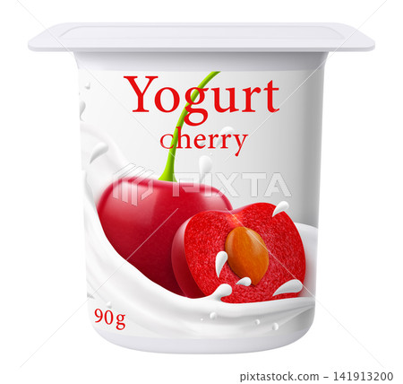 Yogurt package design. Dairy product. Cherry-flavored yogurt. Closed jar for fermented milk food. Healthy snack. Cream dessert container mockup. 3D pot with foil cap. Vector plastic packaging Yogurt package design. Dairy product. Cherry-flavored yogurt. Closed jar for fermented milk food. Healthy snack. Cream dessert container mockup. 3D pot with foil cap. Vector plastic packaging 141913200