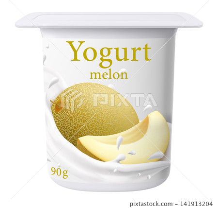 Yogurt package design. Dairy product. Juicy sweet melon flavor. Closed jar for fermented milk food. Healthy snack. Cream dessert container mockup. 3D pot with foil cap. Vector plastic packaging Yogurt package design. Dairy product. Juicy sweet melon flavor. Closed jar for fermented milk food. Healthy snack. Cream dessert container mockup. 3D pot with foil cap. Vector plastic packaging 141913204