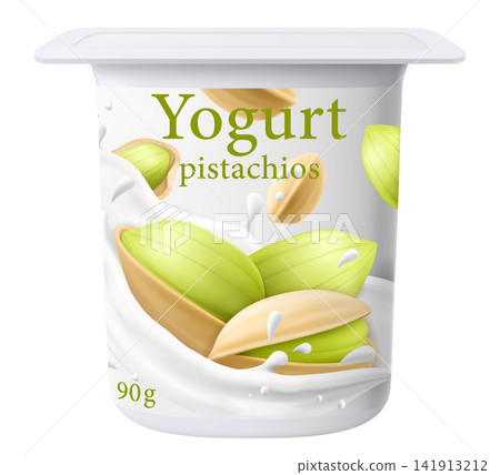 Yogurt package design. Dairy product. Sweet Pistachio-flavored yogurt. Closed jar for fermented milk food. Healthy snack. Cream dessert container mockup. 3D pot with foil cap. Vector plastic packaging Yogurt package design. Dairy product. Sweet Pistachio-flavored yogurt. Closed jar for fermented milk food. Healthy snack. Cream dessert container mockup. 3D pot with foil cap. Vector plastic packaging 141913212