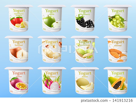 Set of fruit flavored yogurt cups isolated. Dairy dessert template, packaging design. Jar for fermented milk food. Healthy snack. Container mockup. Pot with foil cap. Realistic 3d vector illustration. 141913216