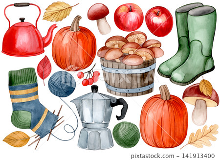 collection of vintage watercolor illustration. Cozy autumn. hand drawn fall clipart collection of vintage watercolor illustration. Cozy autumn. hand drawn fall clipart 141913400