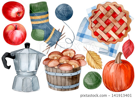 set of vintage watercolor illustration. Cozy autumn. hand drawn fall clipart set of vintage watercolor illustration. Cozy autumn. hand drawn fall clipart 141913401