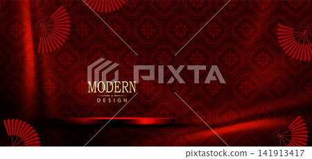 Stunning burgundy design with Chinese floral pattern and round podium Stunning burgundy design with Chinese floral pattern and round podium 141913417