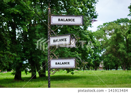 A signpost stands in a green park featuring the word balance three times. The sky is cloudy and trees surround the area. People walk in the distance A signpost stands in a green park featuring the word balance three times. The sky is cloudy and trees surround the area. People walk in the distance 141913484