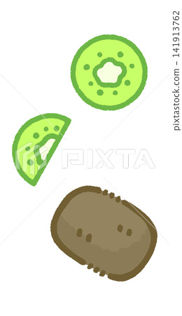 Color illustrations of kiwifruit with the skin on and cut kiwifruit. Color illustrations of kiwifruit with the skin on and cut kiwifruit. 141913762