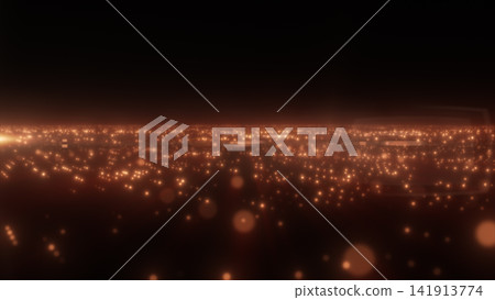 Warm amber digital particle landscape with glowing dots, soft bokeh, and futuristic light horizon across a dark abstract background. Warm amber digital particle landscape with glowing dots, soft bokeh, and futuristic light horizon across a dark abstract background. 141913774