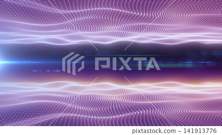 Purple and pink digital particle waves with glowing dotted grids, dark central horizon, and futuristic neon light effects. Purple and pink digital particle waves with glowing dotted grids, dark central horizon, and futuristic neon light effects. 141913776