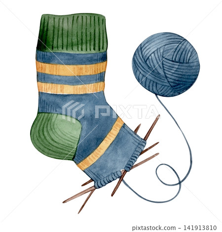 Knit sock. Watercolor knitting illustration. Vintage drawing. Knit sock. Watercolor knitting illustration. Vintage drawing. 141913810