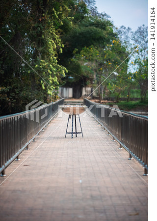 Empty park bridge walkway with metal railing along river, Scenic pedestrian path with perspective lines and calm natural environment Empty park bridge walkway with metal railing along river, Scenic pedestrian path with perspective lines and calm natural environment 141914164