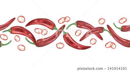 Red chili pepper seamless border on isolated background. Hand drawn spicy vegetable watercolor illustration. Repeated pattern for food packaging. Culinary concept for restaurant menu design, textile Red chili pepper seamless border on isolated background. Hand drawn spicy vegetable watercolor illustration. Repeated pattern for food packaging. Culinary concept for restaurant menu design, textile 141914191