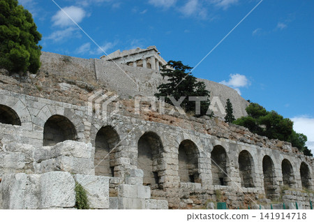 Stoa of Eumenes and Parthenon on the Acropolis hill in Athens Stoa of Eumenes and Parthenon on the Acropolis hill in Athens 141914718