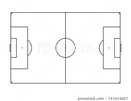 Top view of a soccer field layout with goals and pitch markings in black lines on white background Top view of a soccer field layout with goals and pitch markings in black lines on white background 141914887