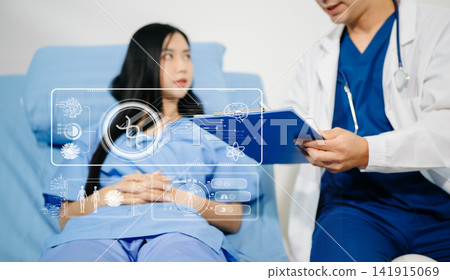 Doctor consulting female patient with AI healthcare technology, digital medical interface, smart hospital, electronic health record, diagnosis Doctor consulting female patient with AI healthcare technology, digital medical interface, smart hospital, electronic health record, diagnosis 141915069